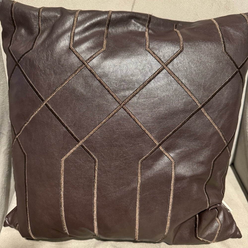 Warm Brown Leather-Look Geometric Accent Pillow